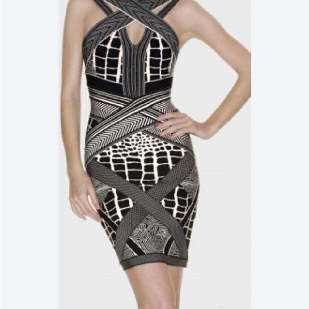 HERVE LEGER ADELE GEOMETRIC JACQUARD BLACK COMB BODY CON DRESS SIZE XS
